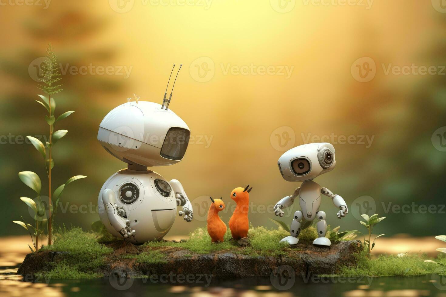 Little robot and animals loving nature together, Generative AI photo