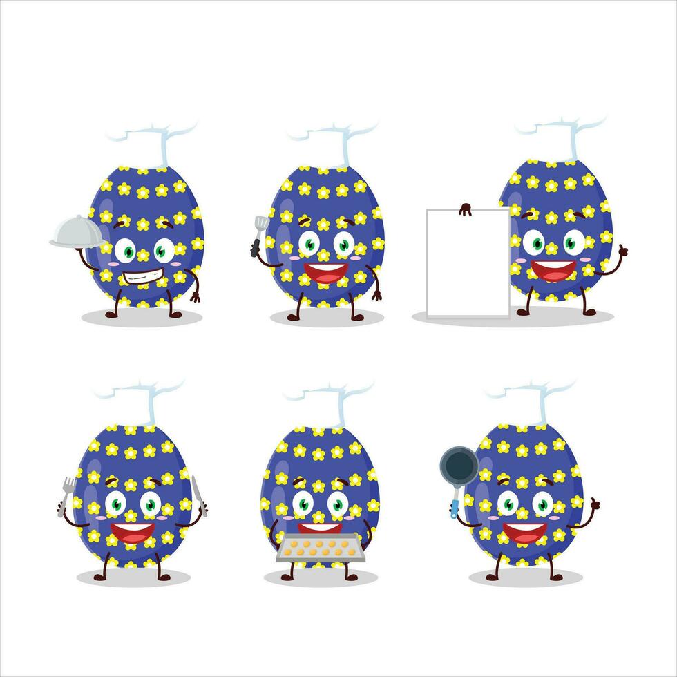 Cartoon character of dark blue easter egg with various chef emoticons vector