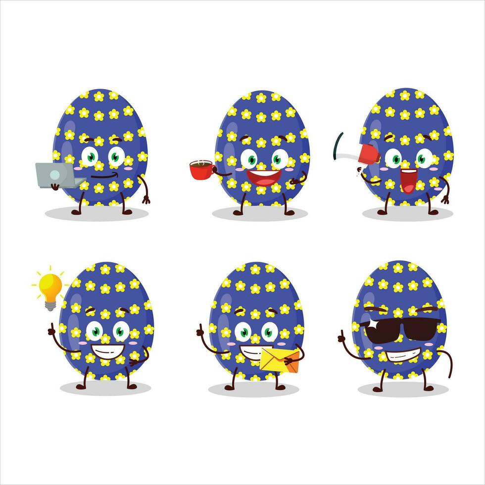 Dark blue easter egg cartoon character with various types of business emoticons vector