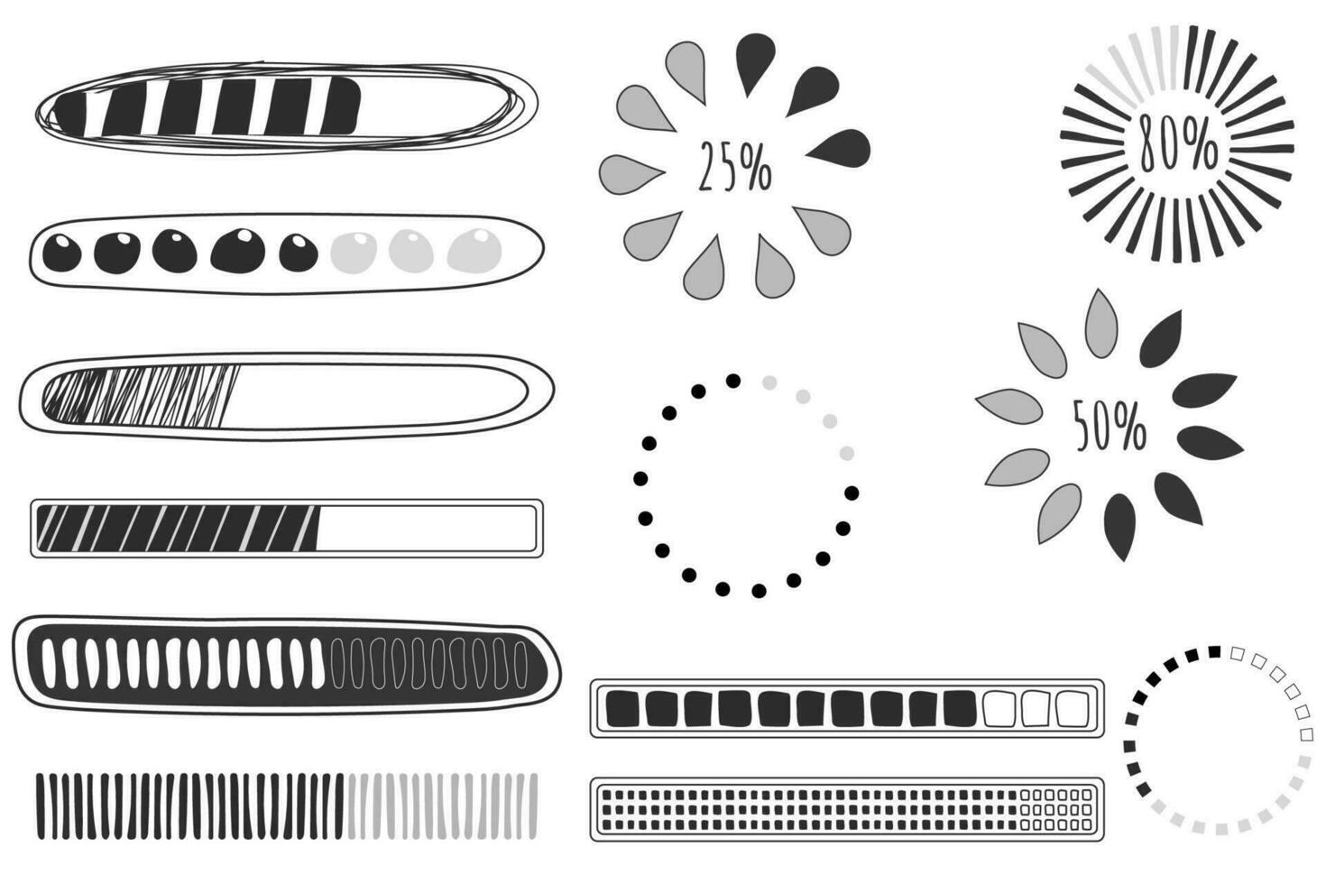 conjunto cargando bar, Progreso en garabatear estilo aislado en blanco antecedentes. indicador, línea mano dibujado bosquejo. vector ilustración