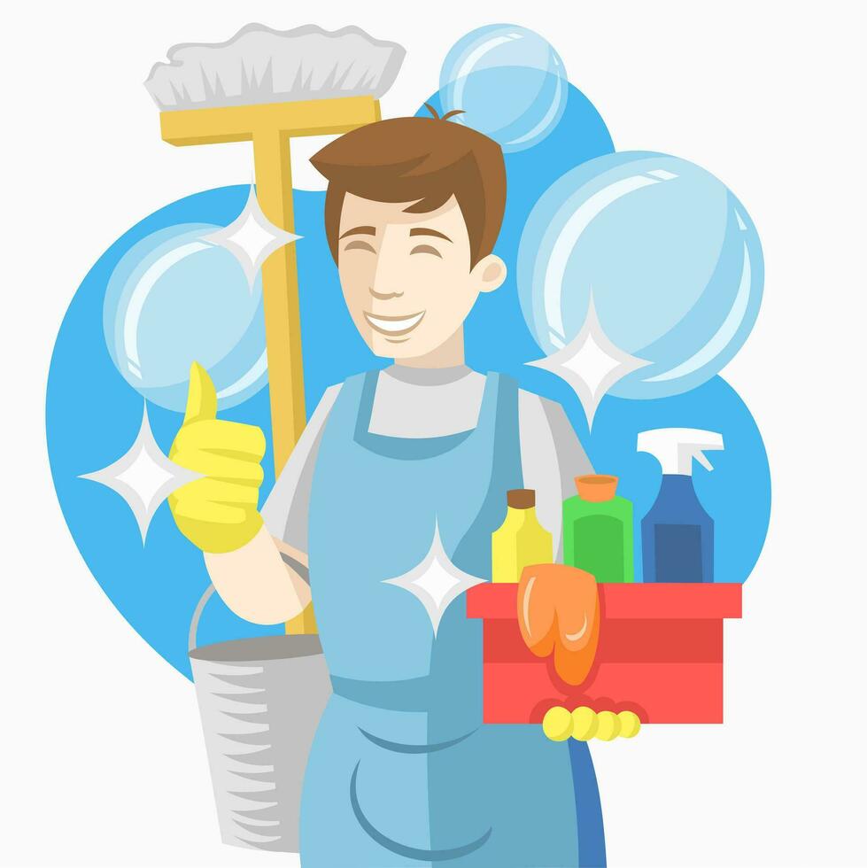 Man Cleaner in uniform with box of detergents and instruments for mopping and cleaning, with water bubbles on the background - vector image