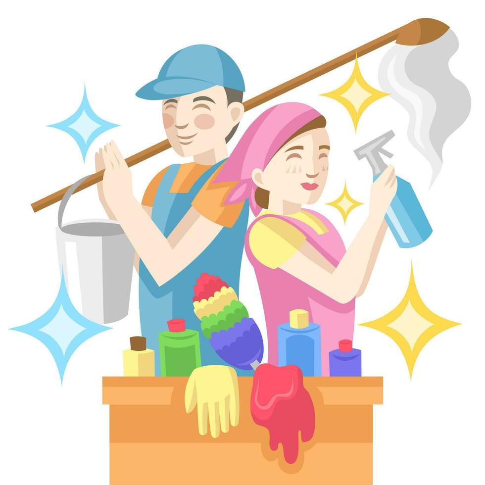 Couple of cleaning workers with box of cleaning products and instruments for mopping and cleanup - vector image