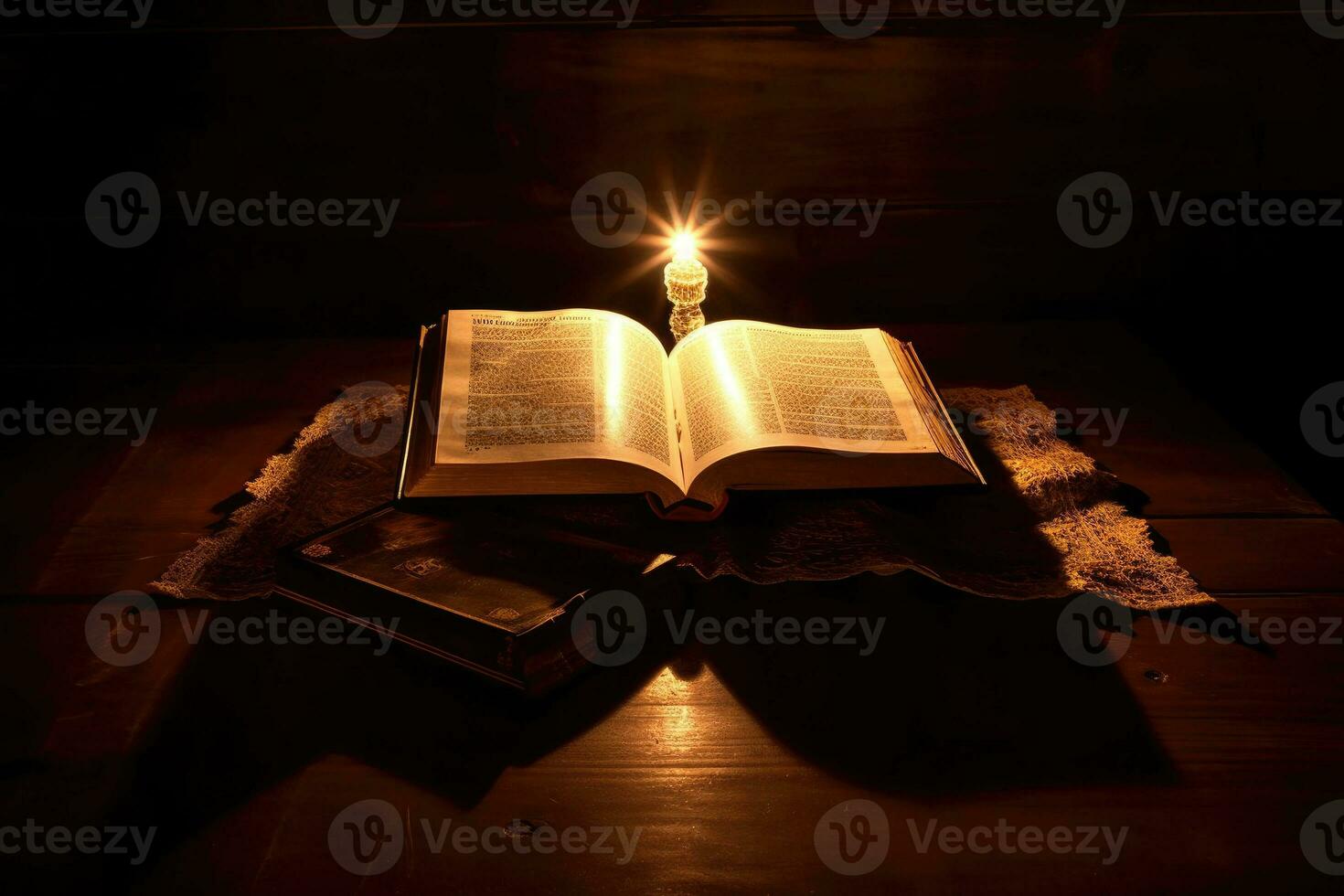 Bible,  Shining Holy Bible on the wooden table. Generative Ai photo