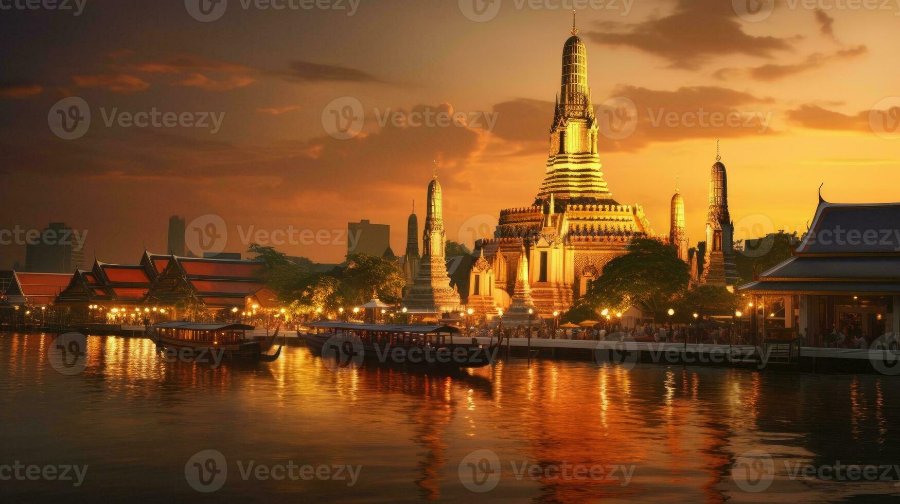 Wat arun in sunset at Bangkok,Thailand. Landmark, Chao Phraya River. Generate Ai photo