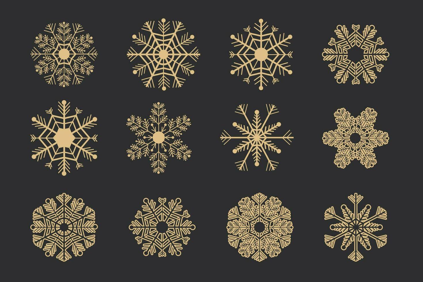 Set Golden snowflake crystal elegant line christmas decoration on dark background, collection winter ornament frozen element. Vector illustration