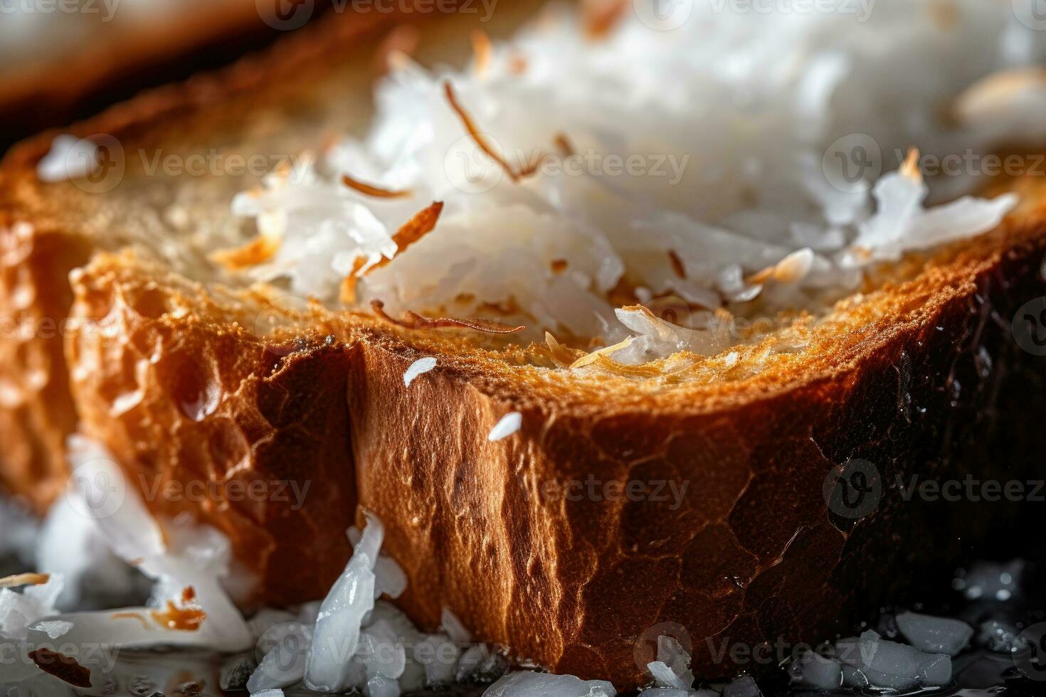 Coconut toast, macro shot of a fresh breakfast with Dripping Honey, AI Generated photo
