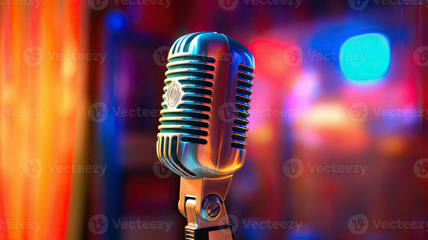 A classic musical microphone on blur colorful background. Generative Ai photo