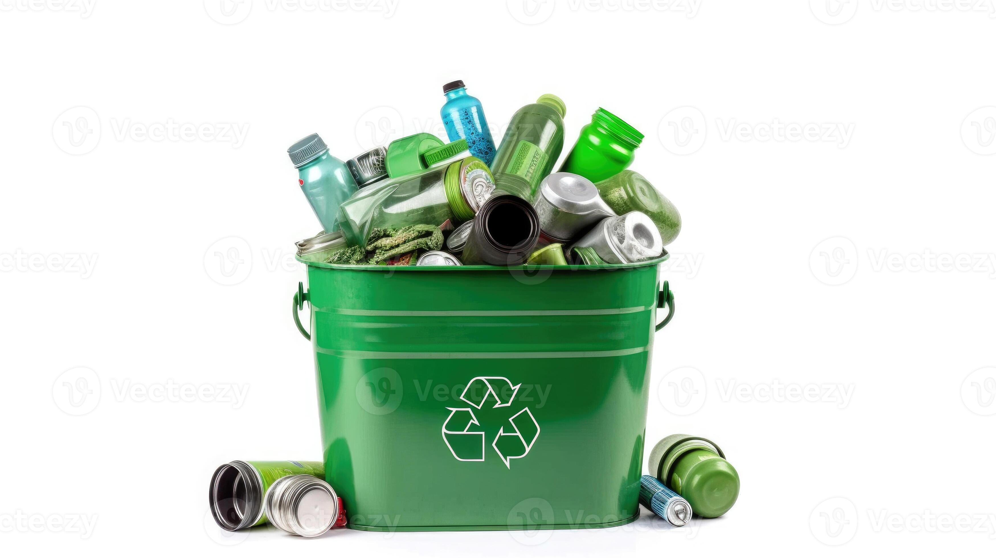 A Green recycling bin full of recyclable items isolated on a white