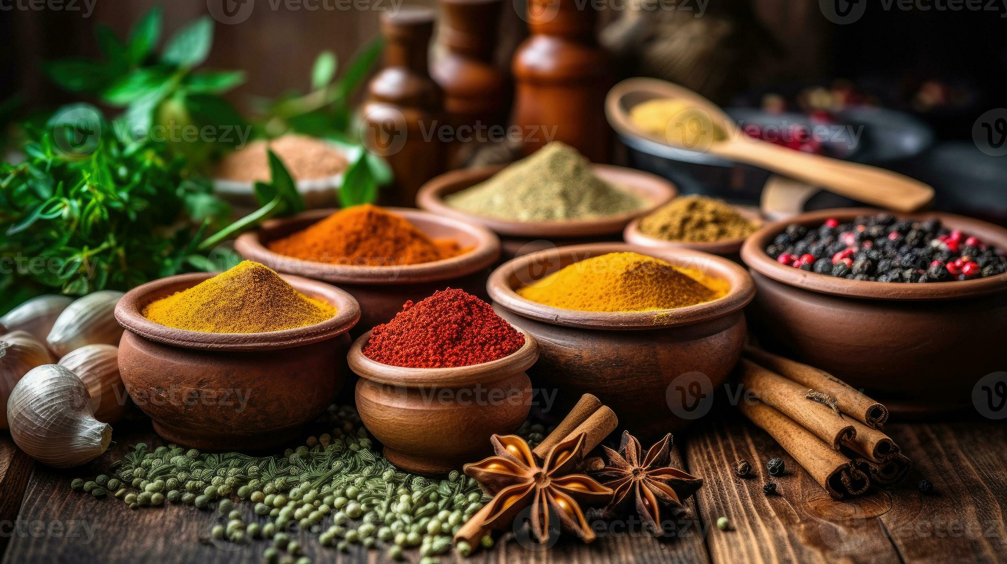 https://static.vecteezy.com/system/resources/previews/028/340/523/large_2x/set-of-spices-and-herbs-for-cooking-small-bowls-with-colorful-seasonings-and-spices-basil-pepper-saffron-salt-paprika-turmeric-on-rustic-wooden-plank-table-background-generative-ai-photo.jpeg