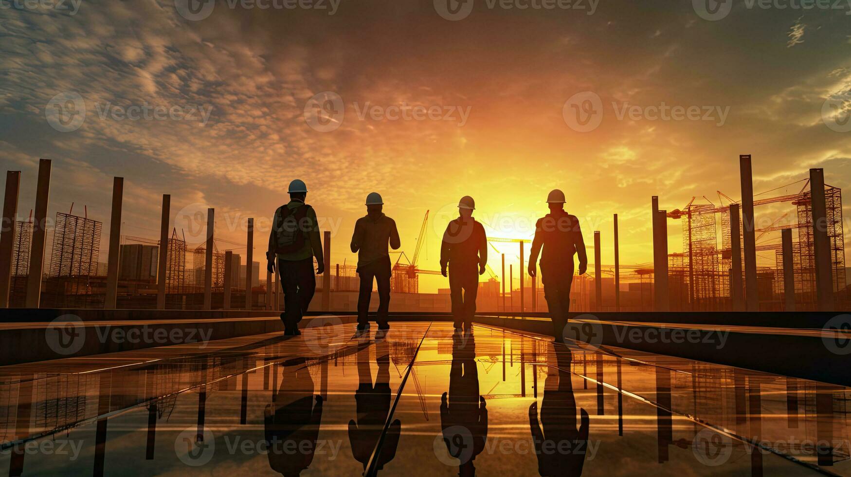 Silhouette of A team of engineers walk to inspect the infrastructure at construction site. Generative Ai photo