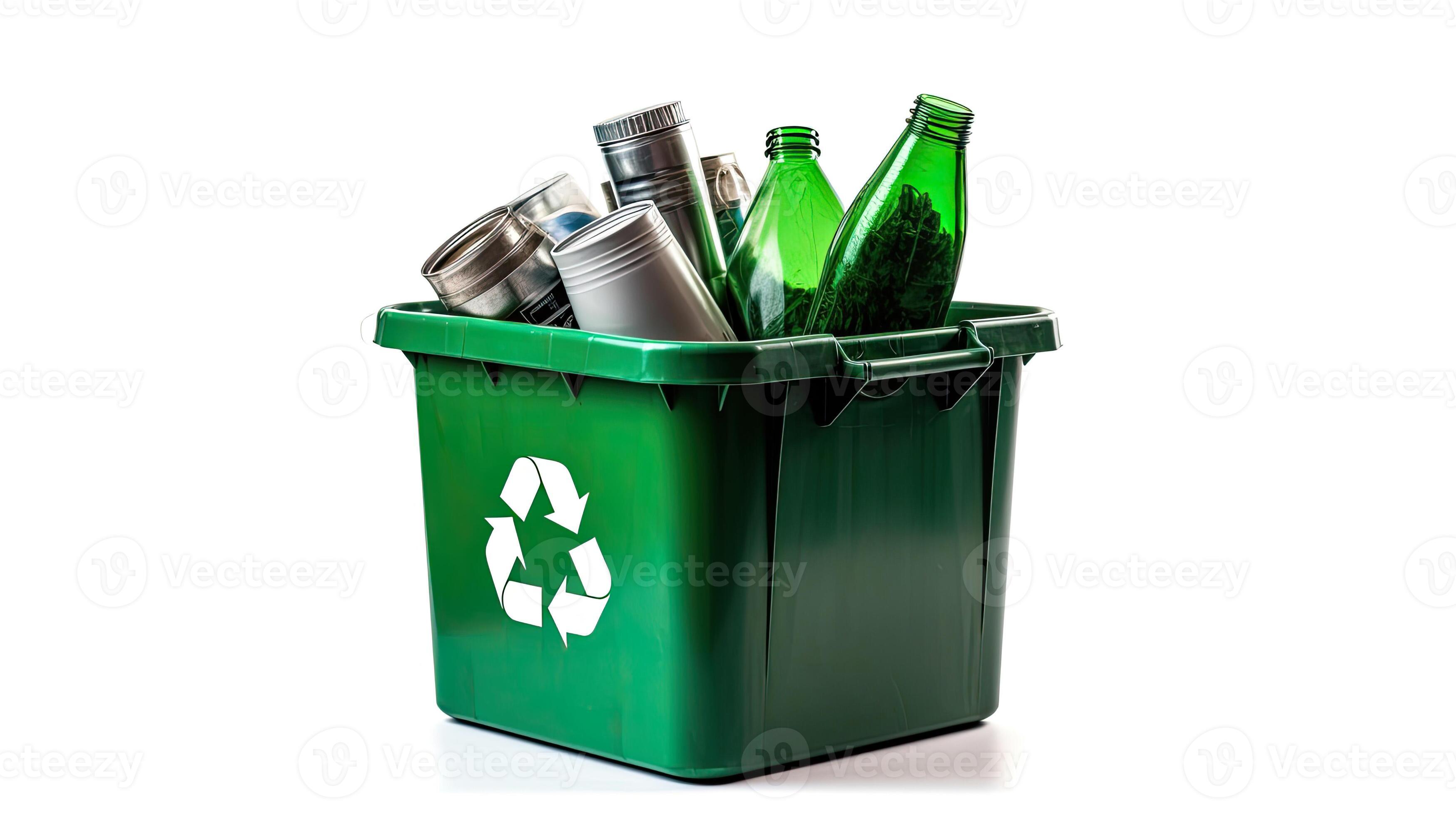 A Green recycling bin full of recyclable items isolated on a white