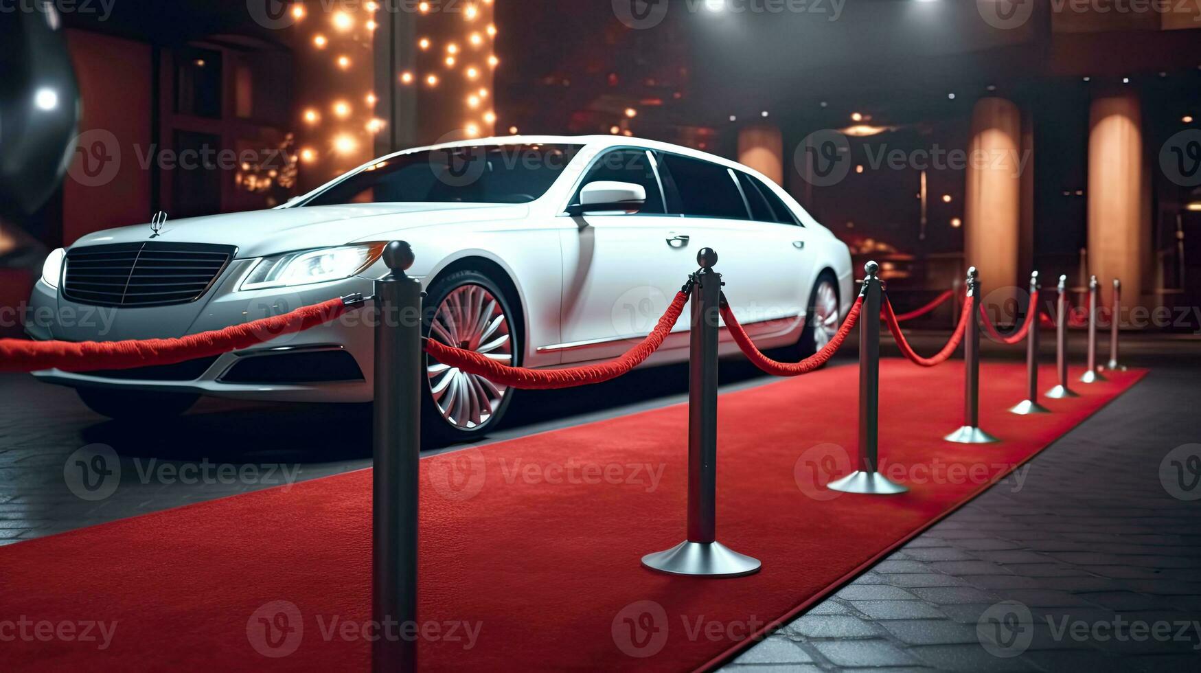 Luxury white limousine car with closed door near empty red carpet with rope barrier against night cityscape background. Celebrity arrival at vip party or awarding ceremony. Generative Ai photo