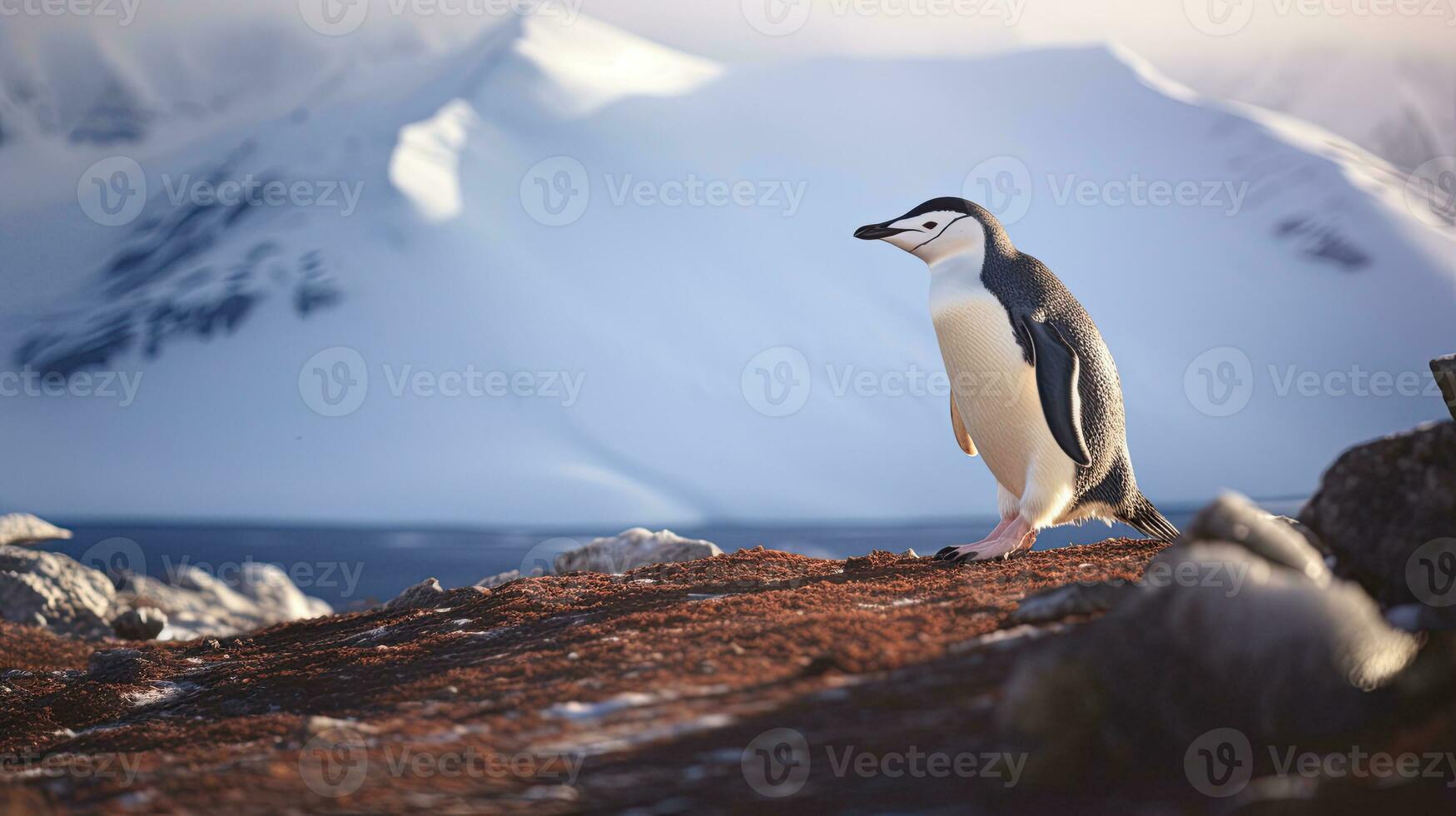 A Chinstrap Penguin walks precariously along the ridge of Bailey Head on Deception Island in Antarctica, high above the icy ocean below. Generative Ai photo