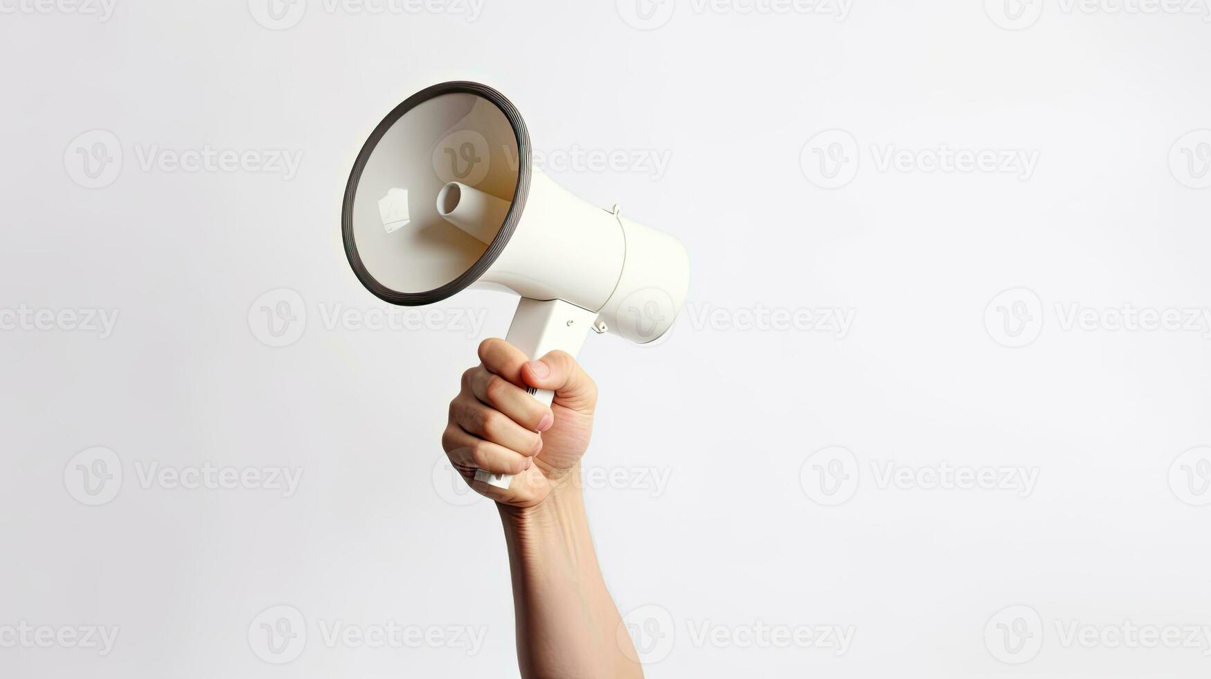 Hand of young man holding megaphone over isolated white background. Generative Ai photo