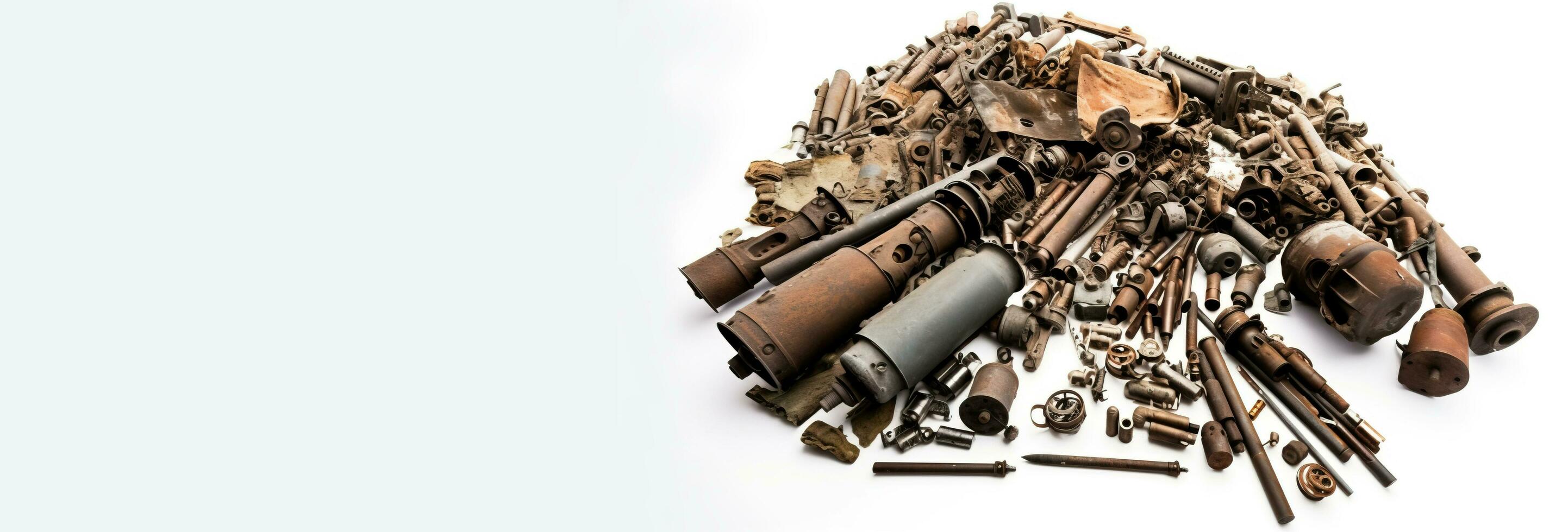 The concept of a world without war. Old rusty scrap metal military equipment in a pile, white isolate background. photo