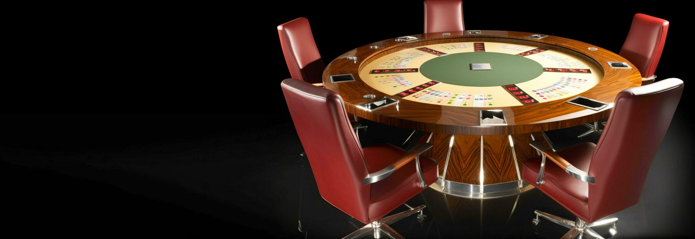 Poker tables for gambling, green table, casino chips. Fun holiday at the resort. AI generated. photo