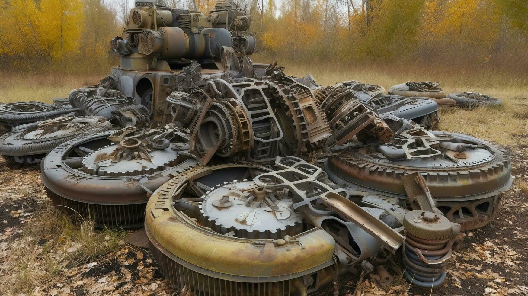 The concept of a world without war. Old vintage heavy military equipment in a landfill. photo