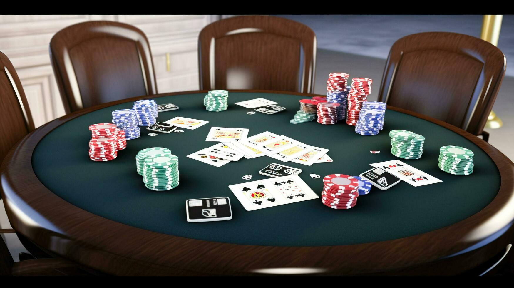 Players hands hold cards play poker, green table, casino chips. Fun holiday at resort. AI generated. photo