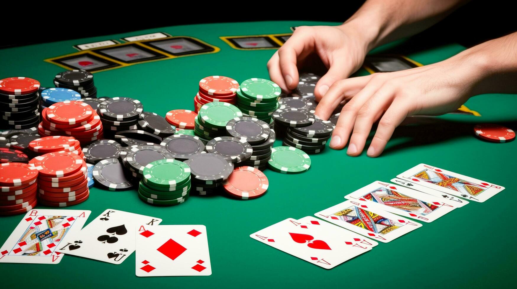 Players hands hold cards play poker, green table, casino chips. Fun holiday at resort. AI generated. photo