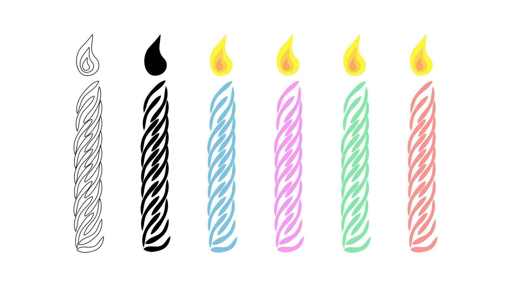 Set of festive burning multi-colored candles. Silhouette and outline. Wax spiral candles. Vector isolated on white. Decorations for birthday, Christmas, anniversary, Halloween. Candles for cake