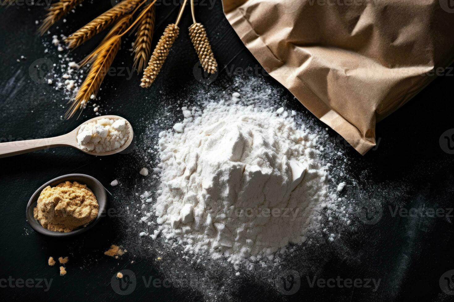 Grain sprinkled flour sits on a table next to a bowl of wheat and a bowl of oats photo