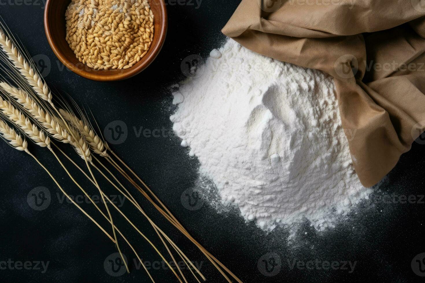 Grain sprinkled flour sits on a table next to a bowl of wheat and a bowl of oats photo