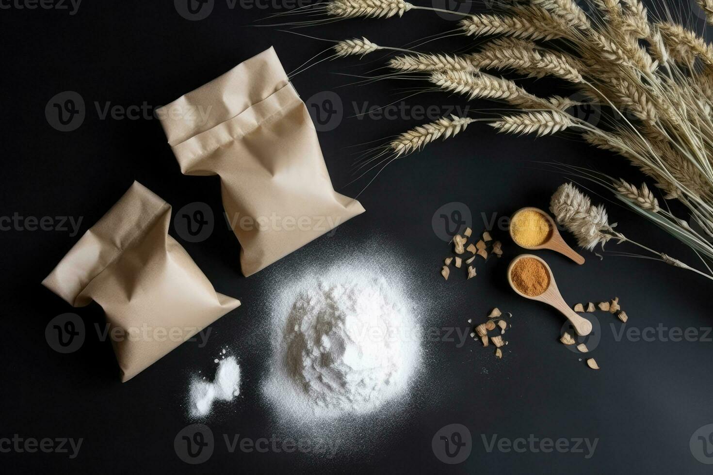 Grain sprinkled flour sits on a table next to a bowl of wheat and a bowl of oats photo