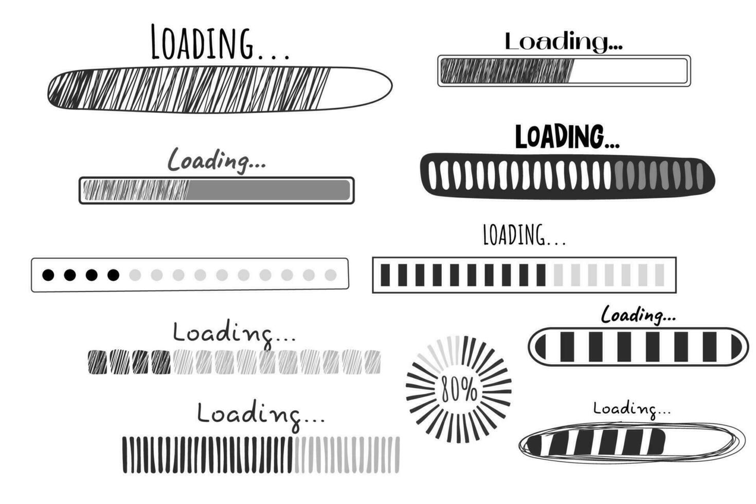 conjunto cargando bar, Progreso en garabatear estilo aislado en blanco antecedentes. indicador, línea mano dibujado bosquejo. vector ilustración