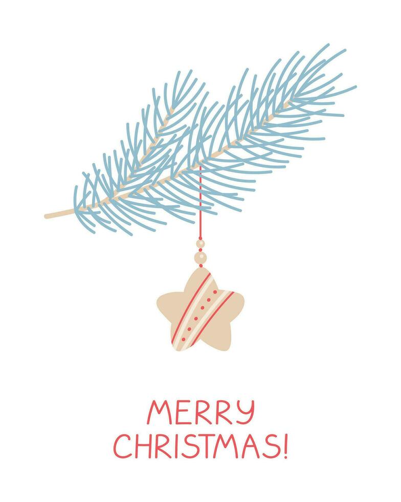 Spruce branch with Christmas star toy on white background. vector