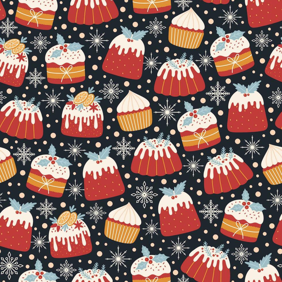 Christmas seamless pattern with cupcakes and snowflakes vector