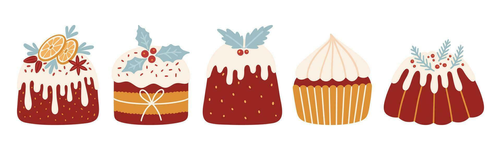 Christmas decorated cakes set vector