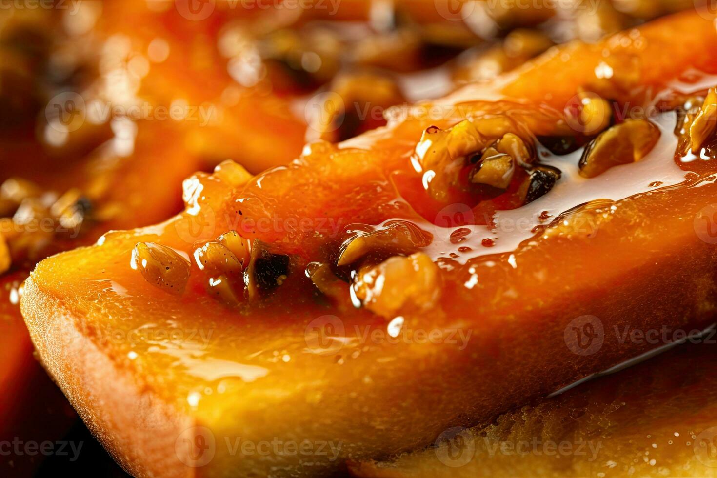papaya toast, macro shot of a fresh breakfast with Dripping Honey, AI Generated photo