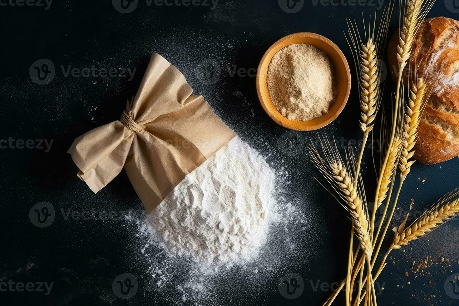 Grain sprinkled flour sits on a table next to a bowl of wheat and a bowl of oats photo