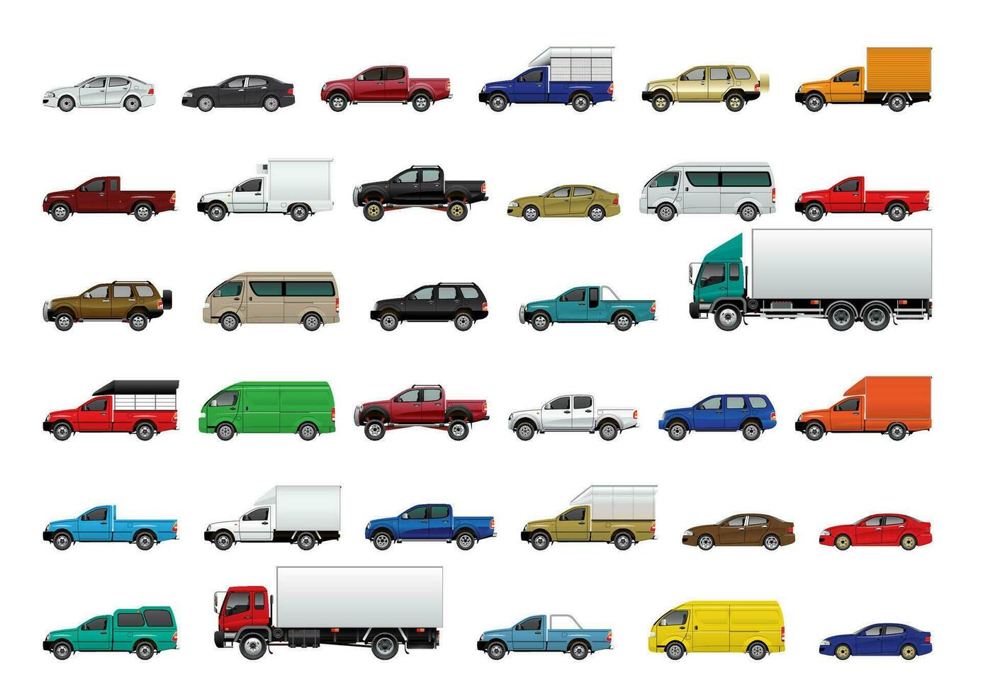 vector EPS10 - various cars, van, truck side view isolated on white background.