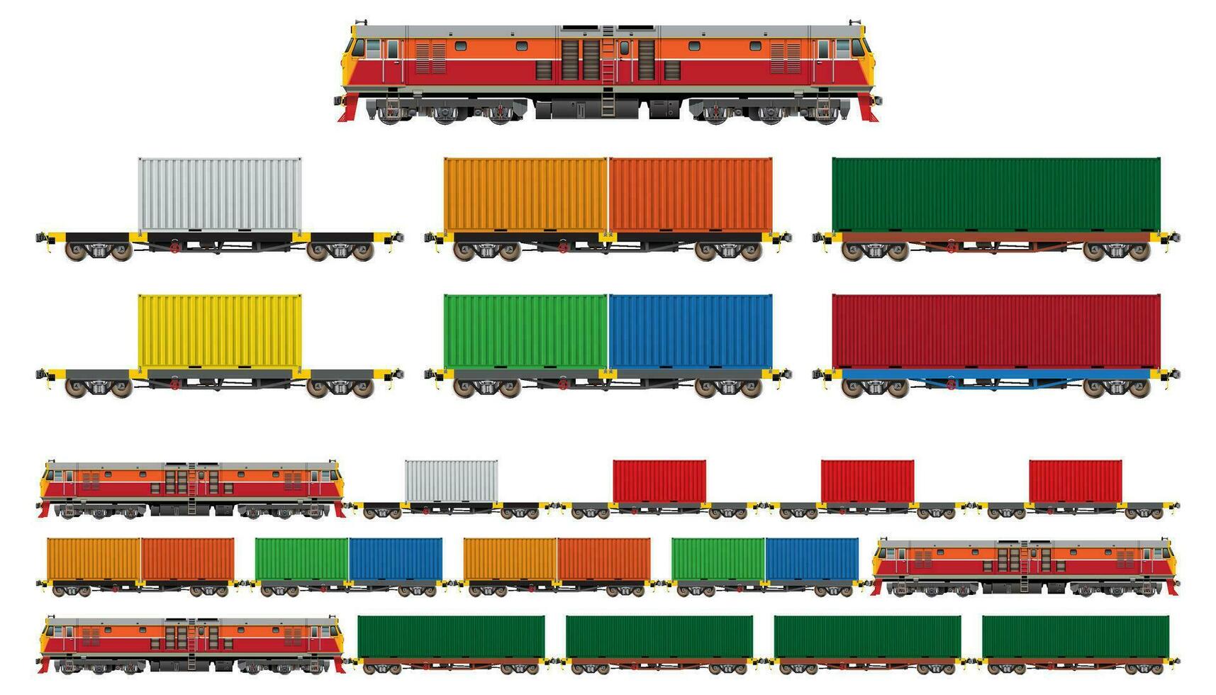 Set of Train, Locomotive and Freight car Isolated on White Background. vector
