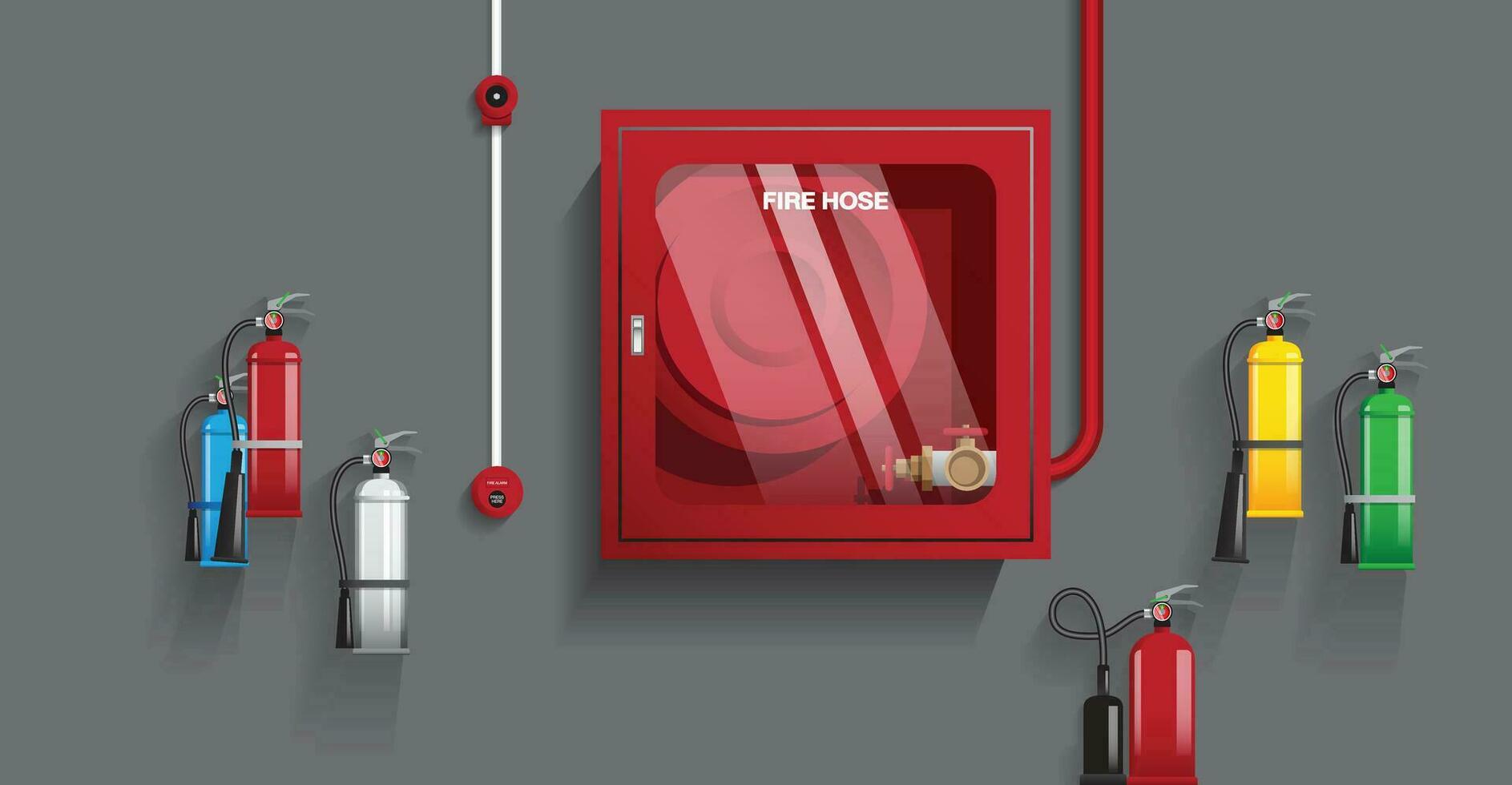 Fire Extinguisher, Fire Hose and Fire alarm on the gray wall vector