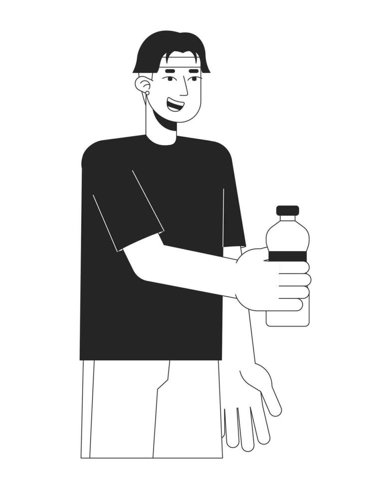 Cheerful asian boy with bottle flat line black white vector character. Holding drink, Volunteering. Editable outline full body person. Simple cartoon isolated spot illustration for web graphic design