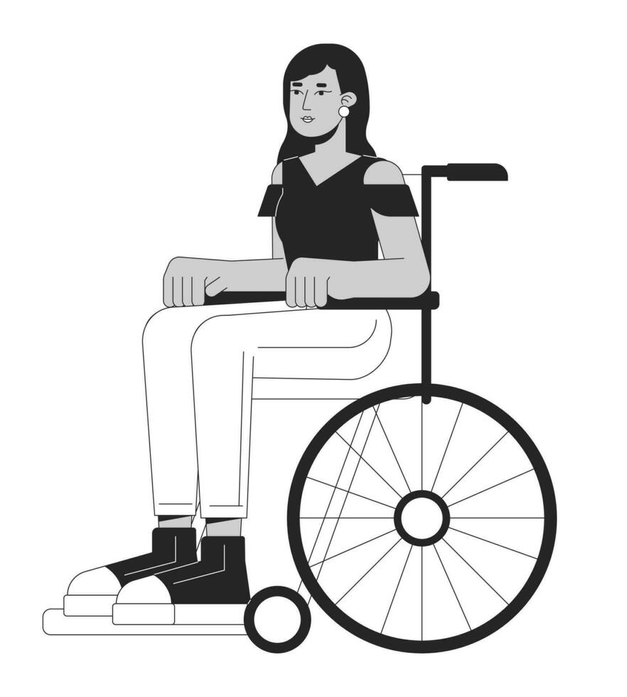 Attractive girl in wheelchair flat line black white vector character