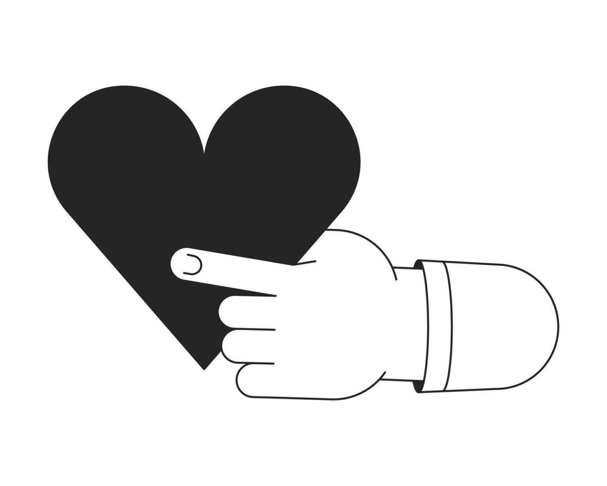 Holding big heart flat monochrome isolated vector object. Share love. Editable black and white line art drawing. Simple outline spot illustration for web graphic design