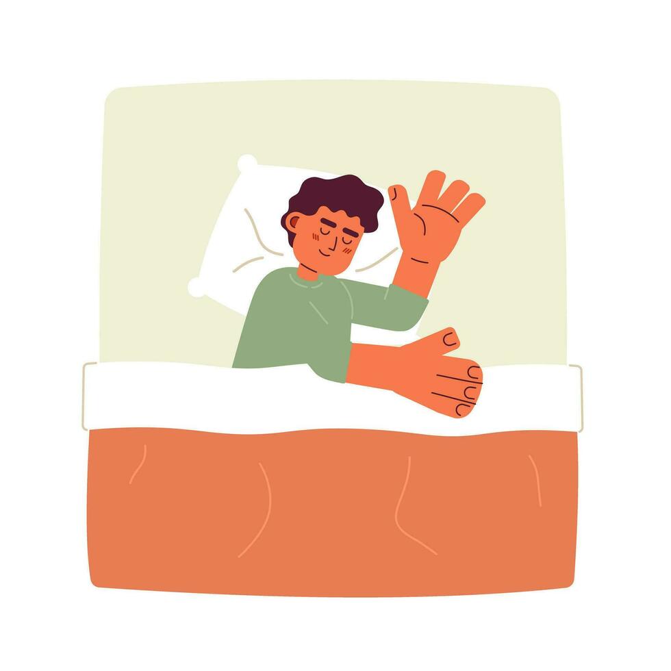 Cute child sleeping in bed semi flat color vector character. Cover with blanket. Editable full body person on white. Simple cartoon spot illustration for web graphic design