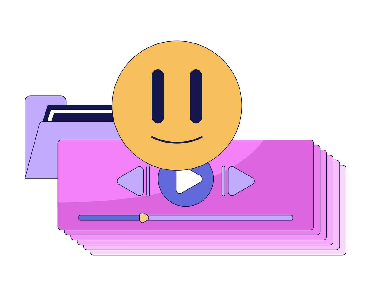 Vaporwave computer shortcuts flat line color isolated vector object. Y2k emoji, folder, player. Editable clip art image on white background. Simple outline cartoon spot illustration for web design