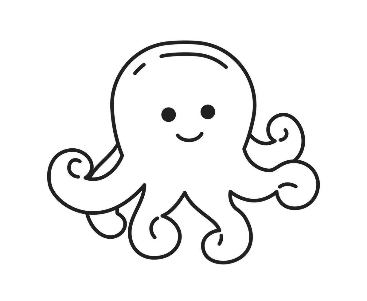 sonriente pulpos con Rizado tentáculos monocromo plano vector personaje. submarino mar criatura. editable Delgado línea lleno cuerpo personaje en blanco. sencillo bw dibujos animados Mancha imagen para web gráfico diseño