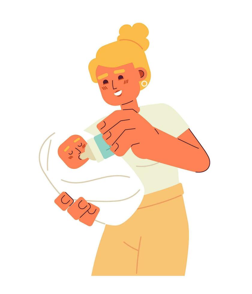 Excited mom feeding baby semi flat color vector character. Parenthood. Taking care of baby. Editable full body person on white. Simple cartoon spot illustration for web graphic design