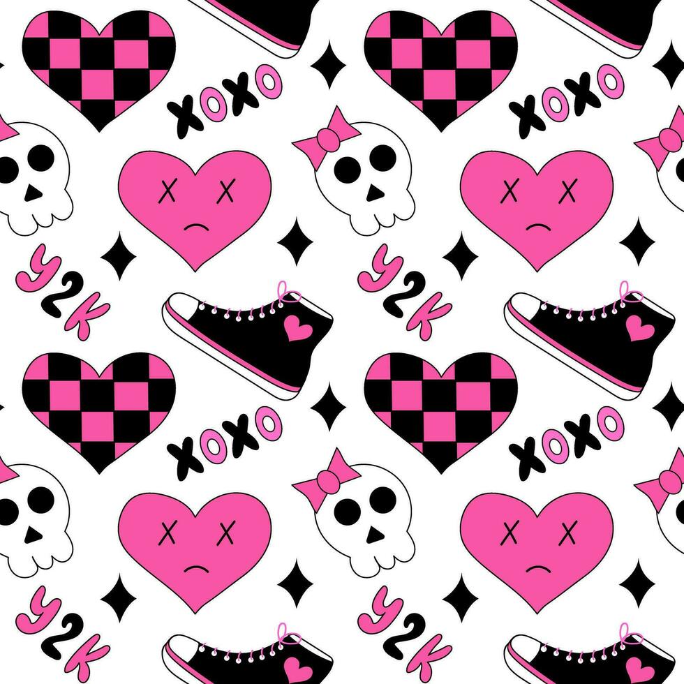 Seamless pattern with emo elements. Y2k style. Hearts in chessboard, XoXo, sneakers, skulls. Black and pink. Vector flat illustration.