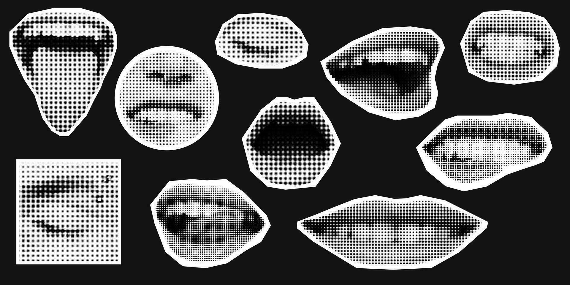 punk collage hecho desde cara elementos. boca, labios, dientes, lengua, sonrisas en trama de semitonos Procesando. vector ilustración.medios tonos efecto. retro estilo, antiguo, revista recortes