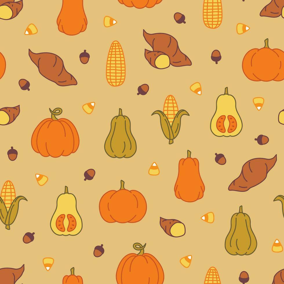 Thanksgiving autumn harvest seamless pattern with pumpkin, yam, squash and corn vector