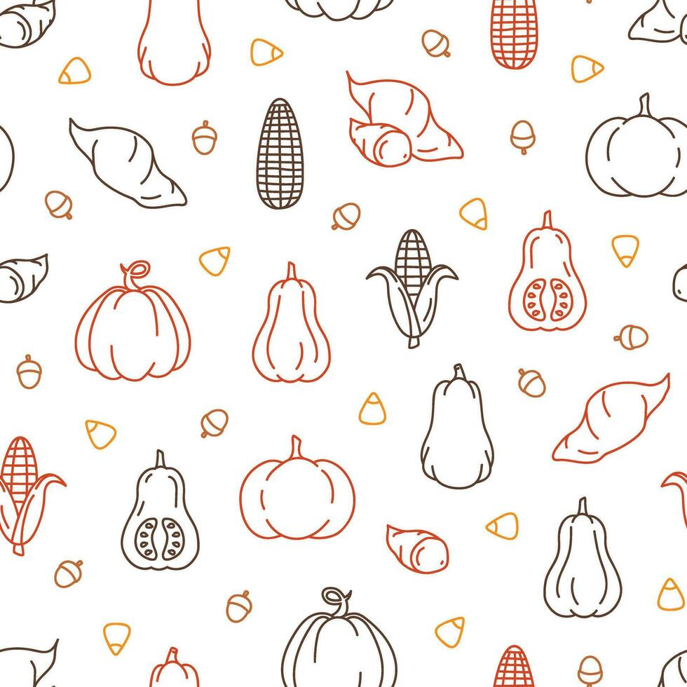 Thanksgiving autumn harvest outline seamless pattern on transparent background vector
