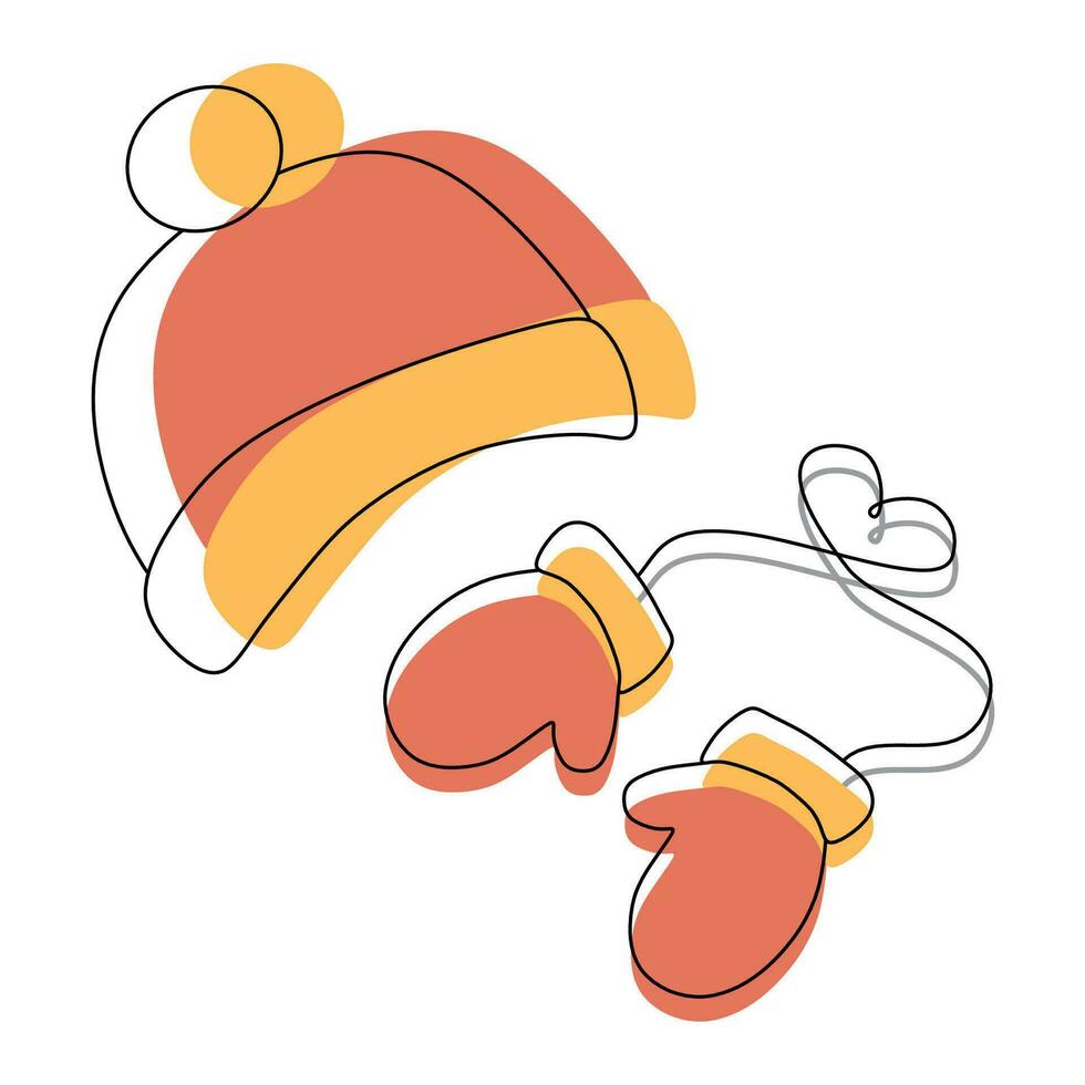 Set of Warm winter Cloth. Hat and Pair of Mittens vector illustration isolated on white. Flat and Linear style Protective Garment for Autumn decoration. Design art colorful Knitted Gloves and Cap