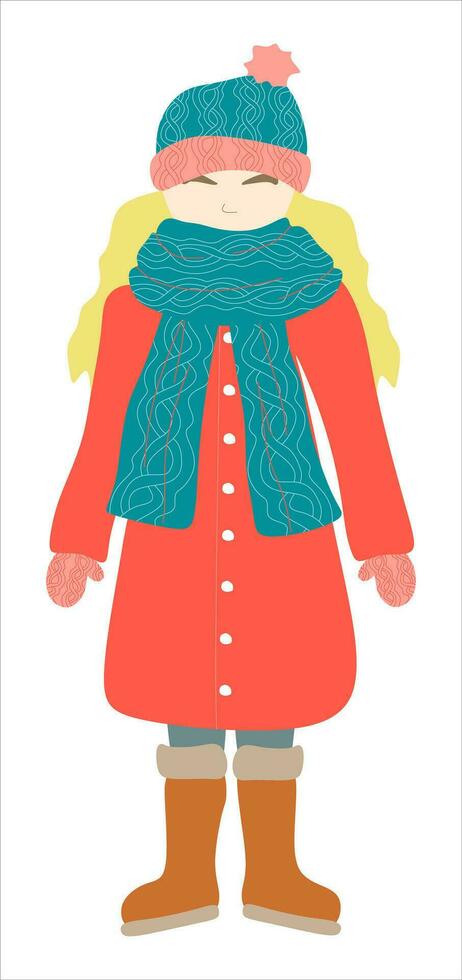 Blond Flat girl in Winter Clothes. Warm Hat, Scarf, Coat, Mittens or Gloves and Boots. Vector illustration isolated on white background. Young woman in female Garment. Pretty colorful Design art.