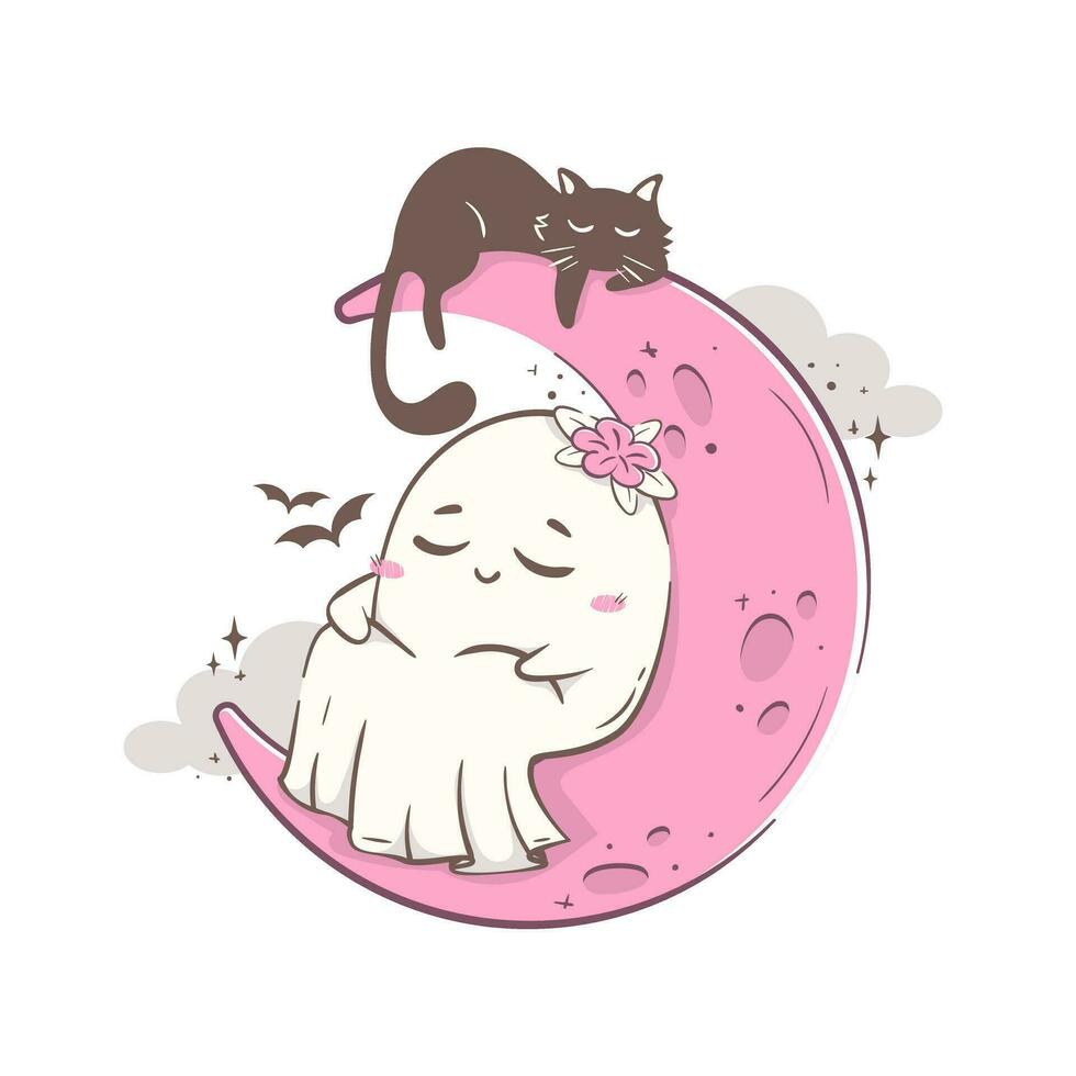 linda dibujos animados fantasma duerme en un creciente Luna con un gato. Víspera de Todos los Santos personaje vector ilustración en rosado retro colores.